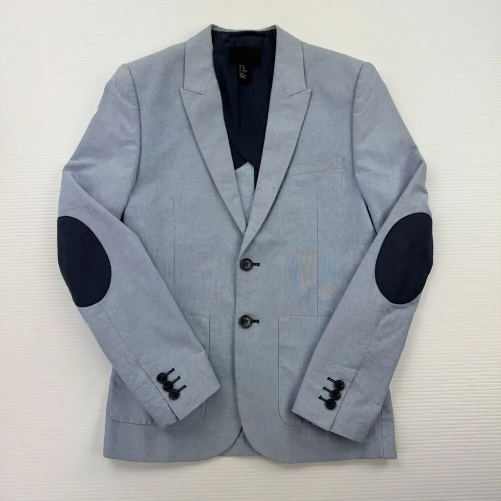 H&M 34R Light Blue Cotton Blazer Sport Coat Elbow Patches Slim Fit Jacket